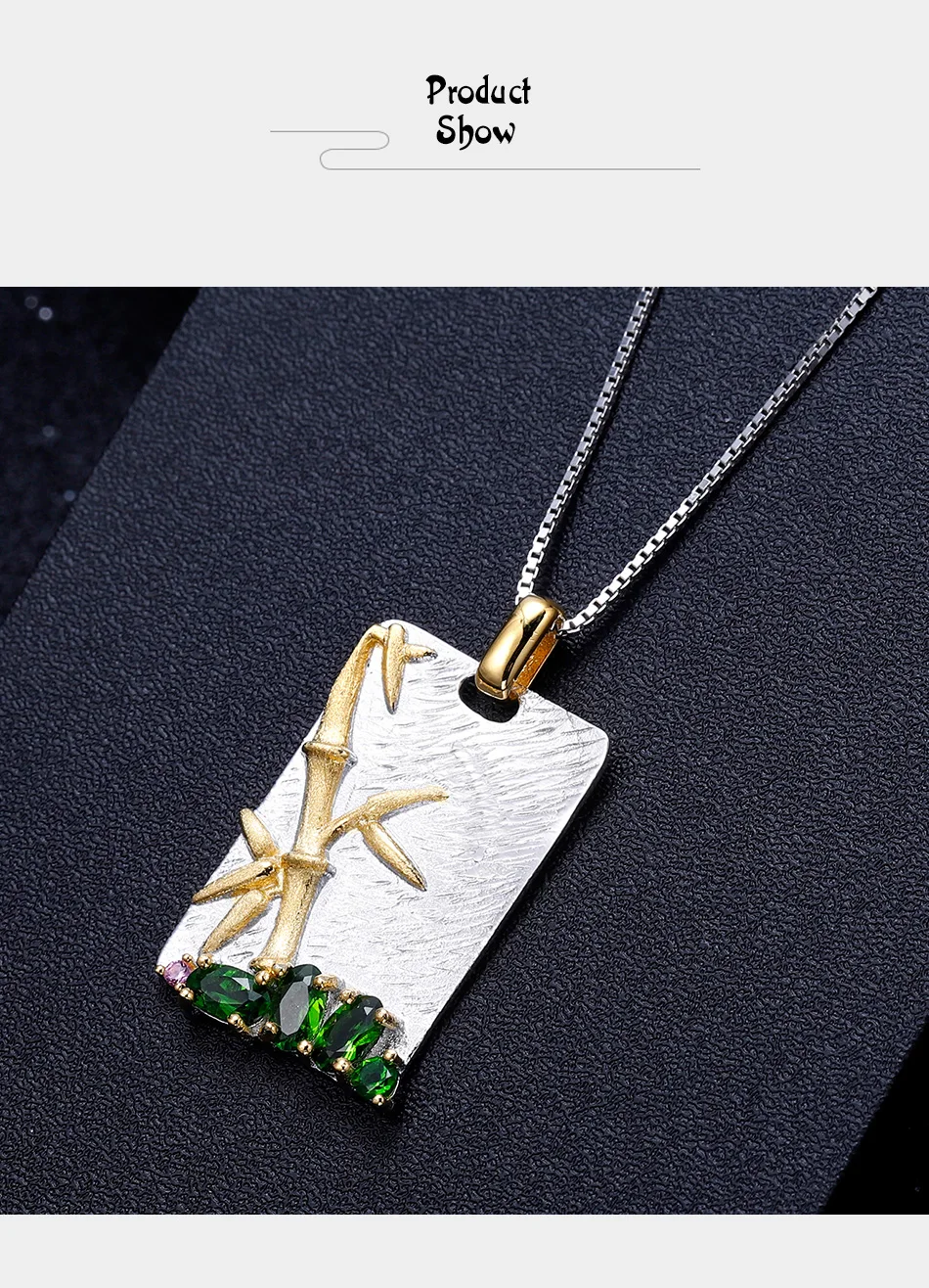 GEM'S BALLET Natural Chrome Diopside Gemstones Pendant 925 Sterling Silver Handmade Creative Bamboo Necklace for Women Wedding