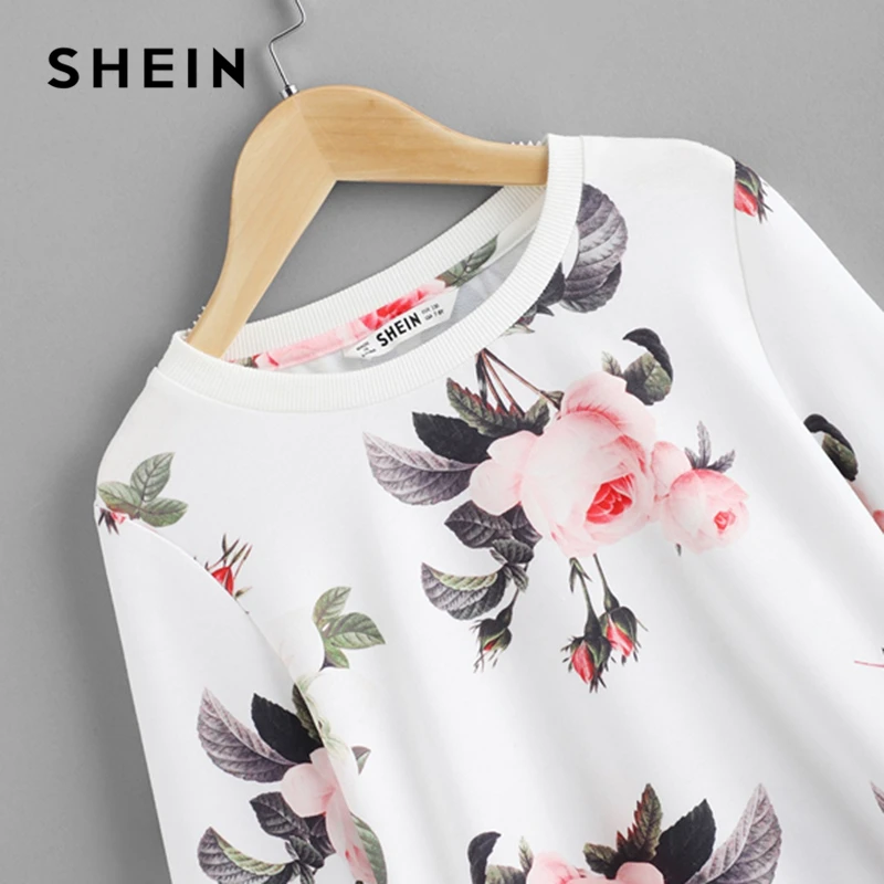 SHEIN/детская белая толстовка с цветочным принтом для маленьких девочек; топы для девочек; коллекция года; сезон весна; милый Повседневный пуловер с длинными рукавами; детская одежда