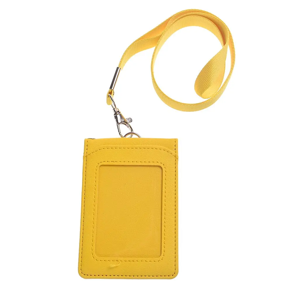 Yellow Leather Wallet Work Office ID Card Credit Card Badge Holder+ Lanyard+ 5 Slots Bank Card Holders ID Badge Holders Accessories - Color: Yellow