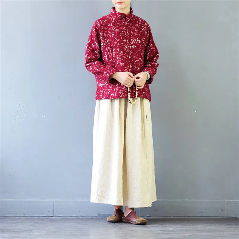 SCUWLINEN зимняя куртка женская винтажная стоячий воротник китайский стиль утолщение жаккард короткие свободные куртки S430