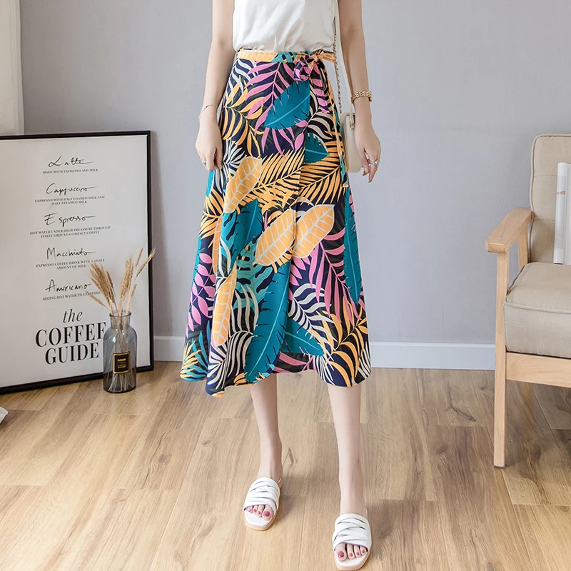 Женские шифоновые юбки Boho с цветочным принтом средней длины а-силуэта лето-осень