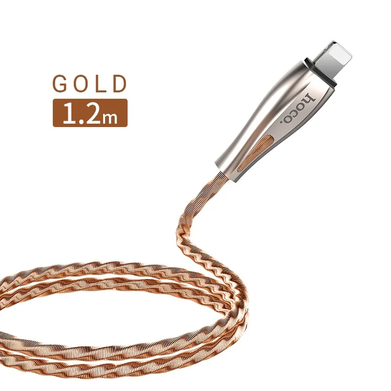 Gold hoco кабель usb на Lightning быстрая зарядка и передача данных лайтнинг провод для айфона с оплеткой из нержавеющей стали пружинная оплетка зарядное устройство для айфон айпад для iPhone 6 6S 7 8 Plus X Xs Max Xr iPad - Цвет: Gold