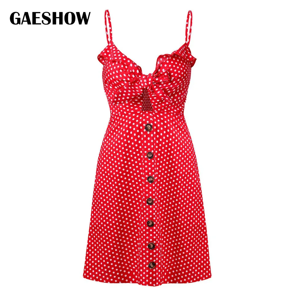Gaeshow рукавов Спагетти ремень Для женщин летнее платье горошек печати лук галстук