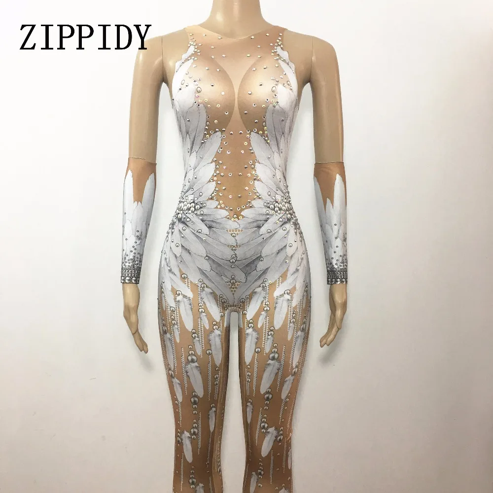 Комбинезон с белыми перьями и кристаллами для танцев|rhinestone bodysuit|dance outfitbodysuit rhinestone