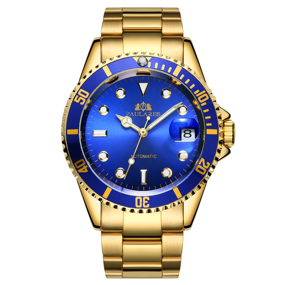 Gold Blue Мужские автоматические механические часы из нержавеющей стали с ремешком Бизнес простой: золото, серебро, синий, черный циферблат, классические часы с датой - Цвет: Gold Blue