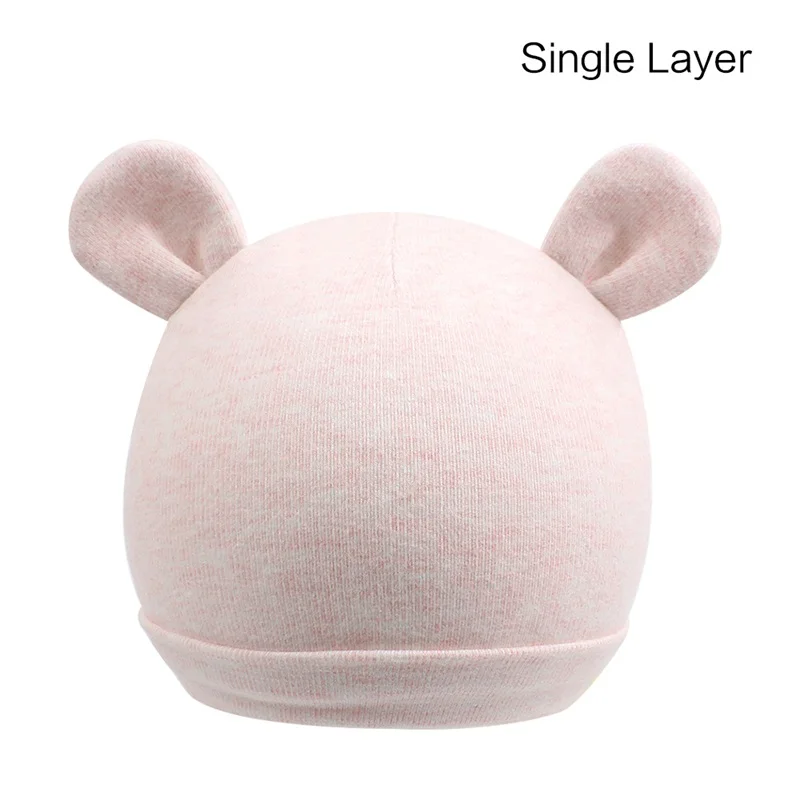 Single Pink Bear Ear Милая шапочка для новорожденных; хлопковая однотонная шапка для новорожденных мальчиков; шапка с медвежьими ушками и кроличьими ушками для маленьких девочек; шапочка для новорожденных; сезон весна-лето - Цвет: Single Pink Bear Ear