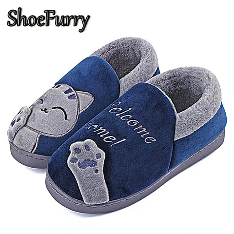 ShoeFurry/домашние тапочки; хлопковая обувь; коллекция года; зимние домашние тапочки с рисунком кота; мужские Нескользящие мягкие тапочки; теплые плюшевые Тапочки Мужские тапочки для спальни Осень сгущает обувь - Цвет: SZJ-BMZ Navy Blue