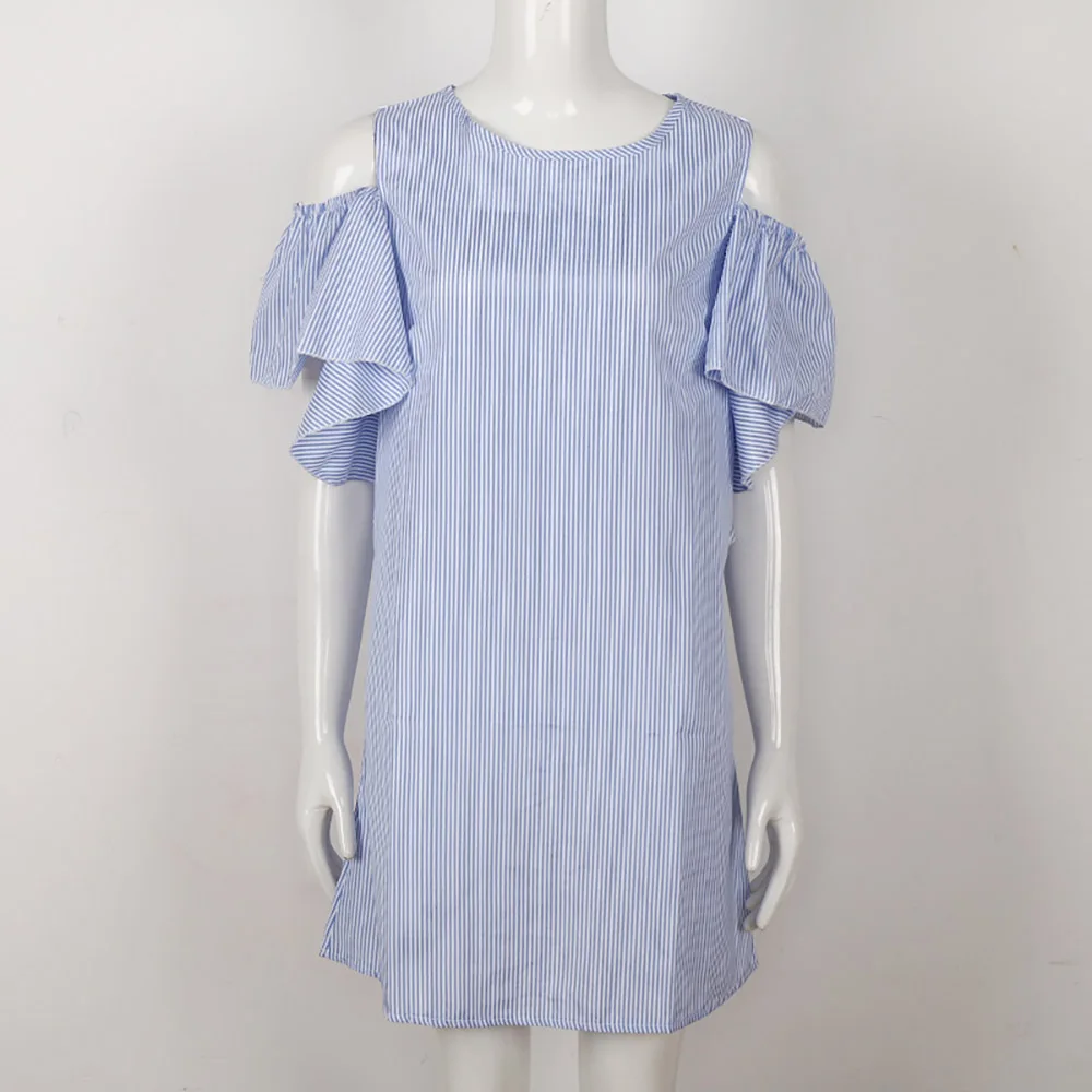 Для женщин выдалбливают воланами летняя Striped Cold Shoulder платье с рюшами Платье