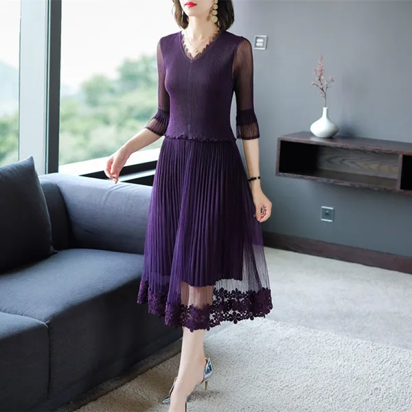 purple8532 Новинка, плиссированное летнее женское платье Miyak с v-образным вырезом, кружевное лоскутное элегантное платье для женщин, зеленый, черный, 8 цветов, платье-туника - Цвет: purple8532