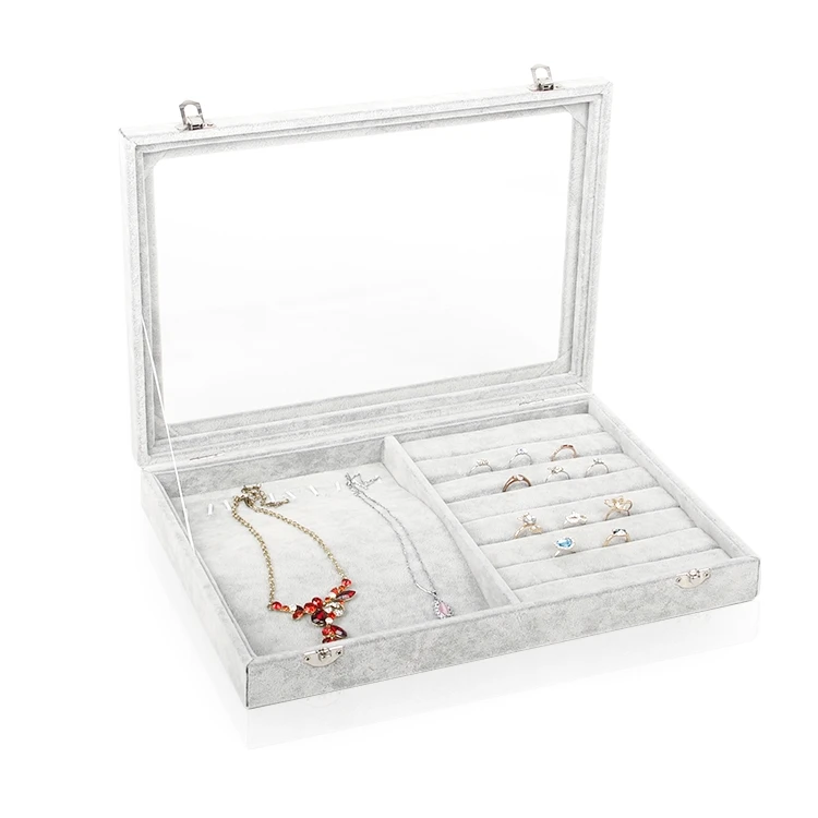Ring Necklace Box TONVIC серый лед бархат ювелирных изделий дисплей коробка кольцо браслет серьги цепочки и ожерелья бусины отсеки для хранения лоток со стеклянной крышкой - Цвет: Ring Necklace Box