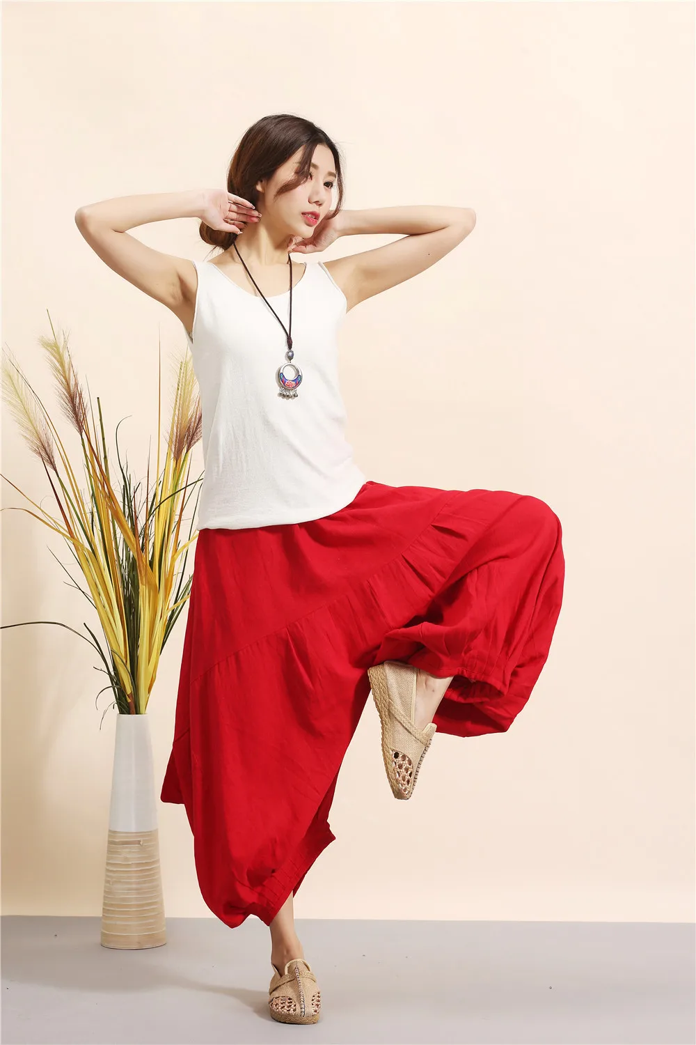 

Original Design Elastic Waist Harem Pants Women Printing Long Indian Pants Cotton Linen Baggy Bloomers Pants 020403