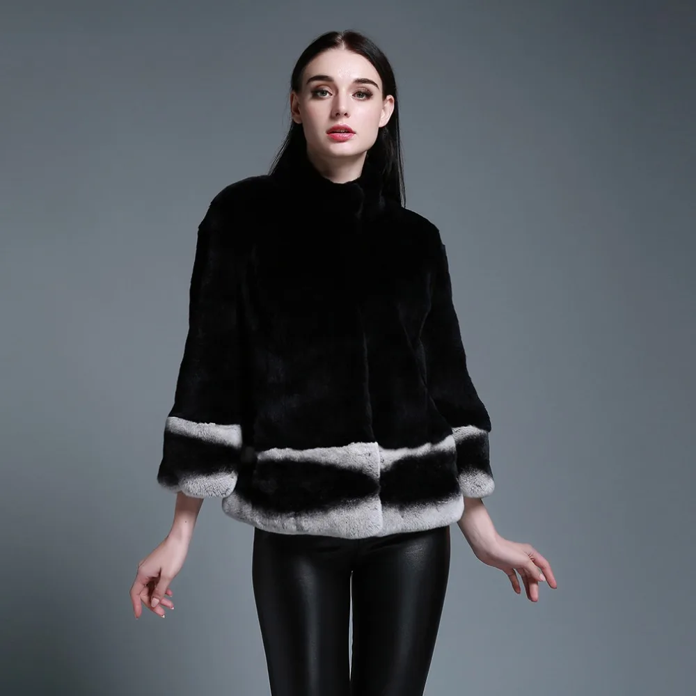 Fur Story 151264D женский Настоящий мех кролика пальто с шиншиллой цвет манжеты и подол размера плюс Черная куртка