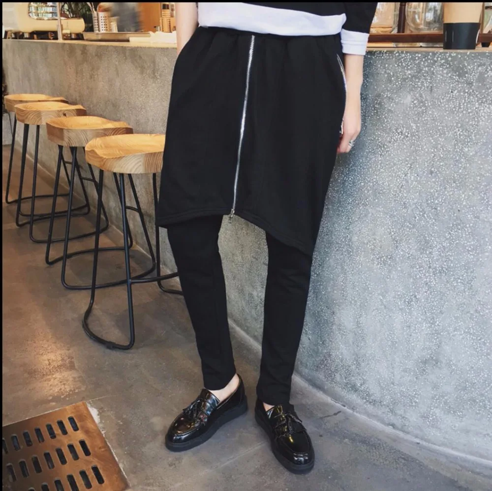 M-5xl Autumn New Men's Punk Faux Two Piece Personality Harem Pants Slim Trousers Skirt Tide Zipper Culottes Hairstyles Costumes | Мужская