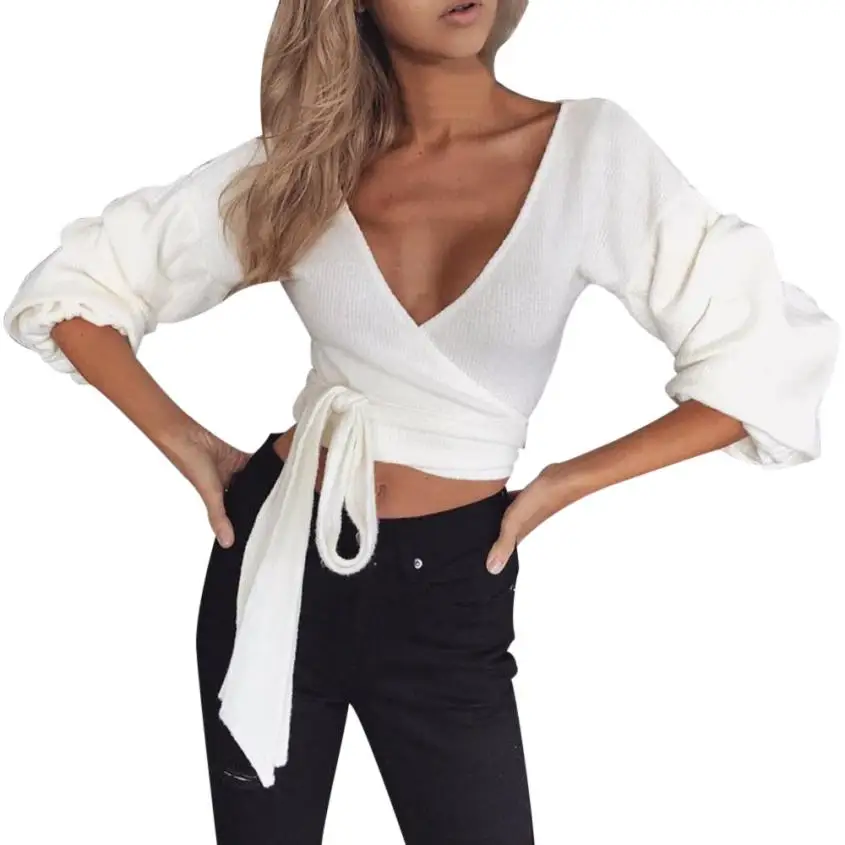 Women Ladies V Neck Knitted Sweater Long Sleeve Casual Crop Top shirts plus size women clothing blusas feminina Poleras de mujer | Женская