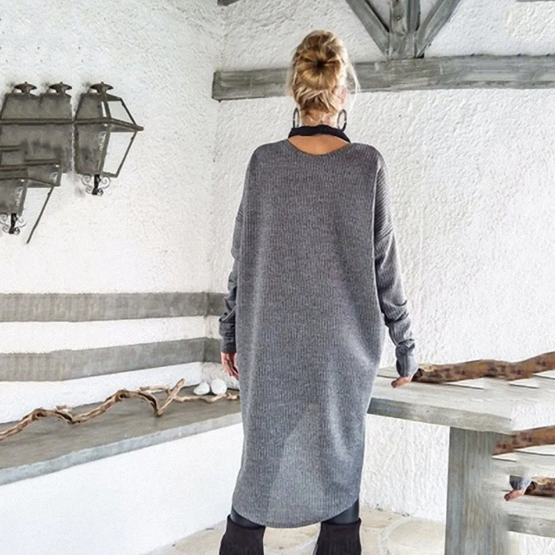 Autumn Fashion Women Long Sleeve Asymmetric Tops Casual O-neck Oversize Hem Irregular Loose Solid Knitted Pullover |