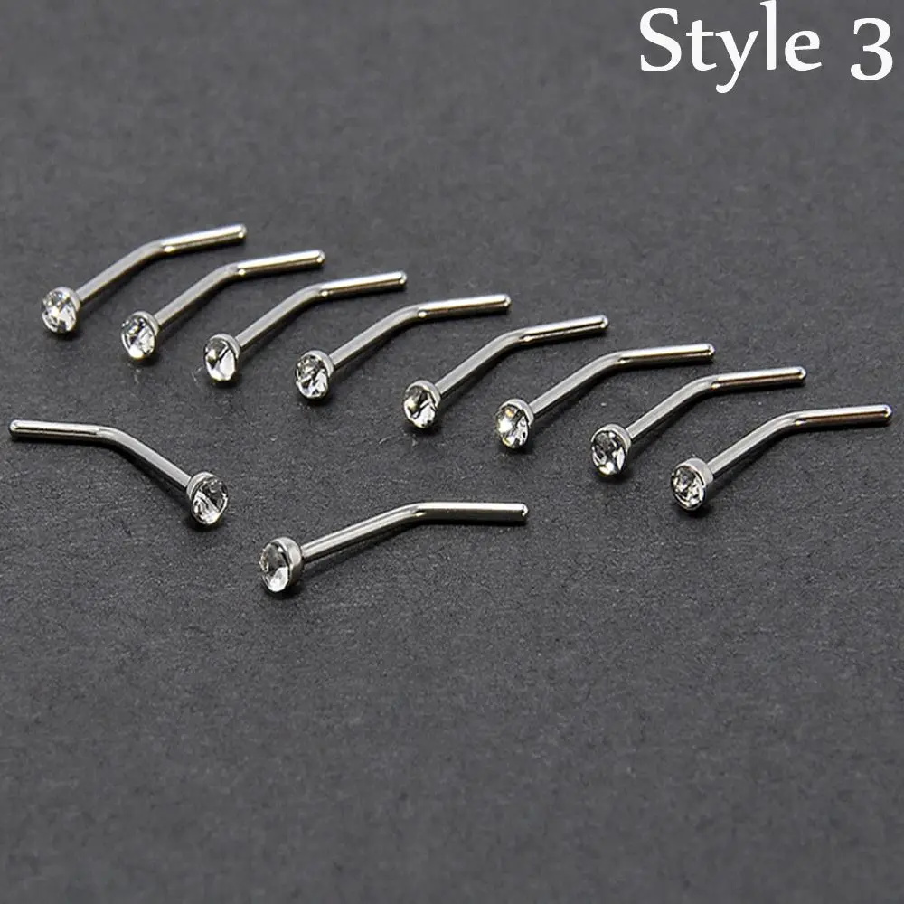 Style 3 10 шт./упак. Мода Нос Кольца Хирургическая Сталь тонкий драгоценный камень болт с кристаллом для носа серьги-гвоздики ноздрей, серьги-кольца, бижутерия для пирсинга, гибкие - Окраска металла: Style 3