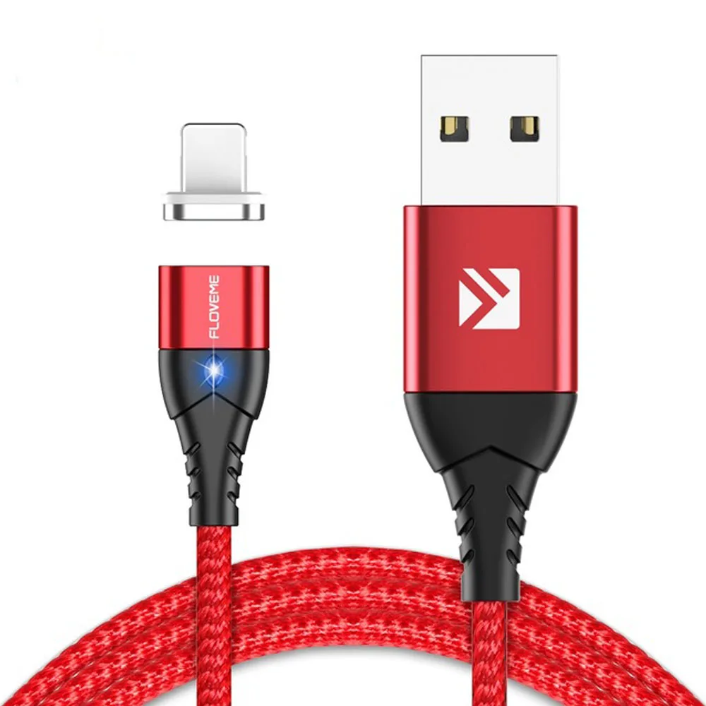 red FLOVEME быстрое зарядное устройство с магнитом USB кабель для iPhone Micro usb type C кабель 3A Магнитный USB светодиодный провод для samsung Xiaomi - Цвет: red