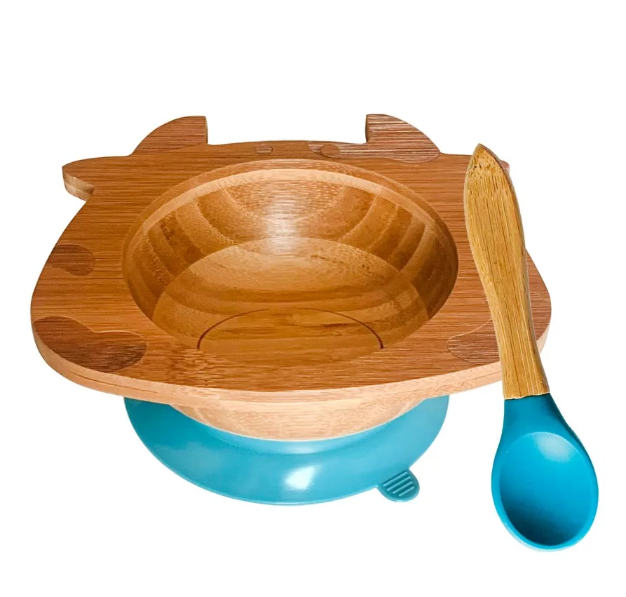 Blue Bowl and Spoon Миска на присоске из бамбука и силикона, детская Тарелка на присоске, Бамбуковая посуда для кормления детей, миска для кормления ребенка - Цвет: Blue Bowl and Spoon