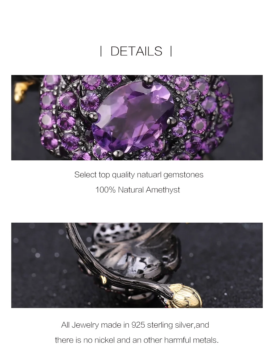 GEM'S BALLET 2.18Ct Натуральный Аметист ручной работы Роза цветок набор украшений для женщин 925 пробы серебро регулируемое кольцо серьги