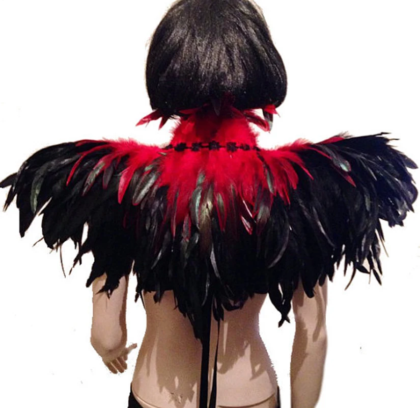 Готический костюм для Хэллоуина красный и черный платок с перьями шарф накидка