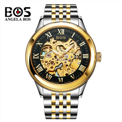 Black Relogio Masculino ANGELA BOS Золотой Скелет автоматические часы мужские водонепроницаемые Роскошные светящиеся военные механические наручные часы - Цвет: Black