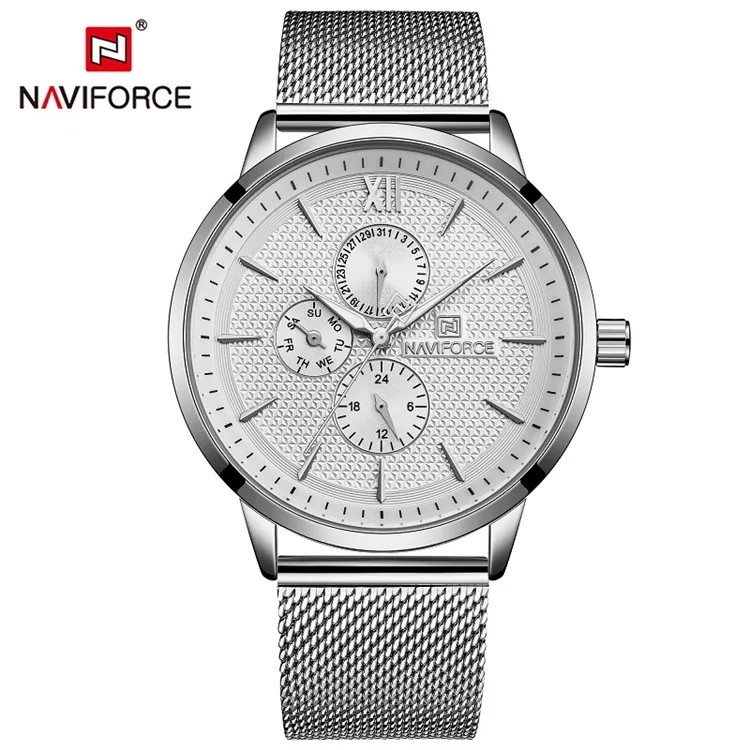Белый NAVIFORCE модные спортивные часы для мужчин Синий нержавеющая сталь сетки Группа водостойкий бизнес мужские часы кварцевые наручные - Цвет: Белый