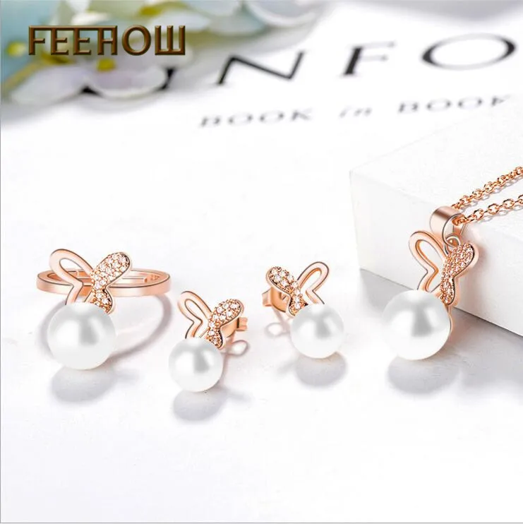 FEEHOW мода моделирование жемчуг Бабочка простой из серьг кольца и кулона набор для