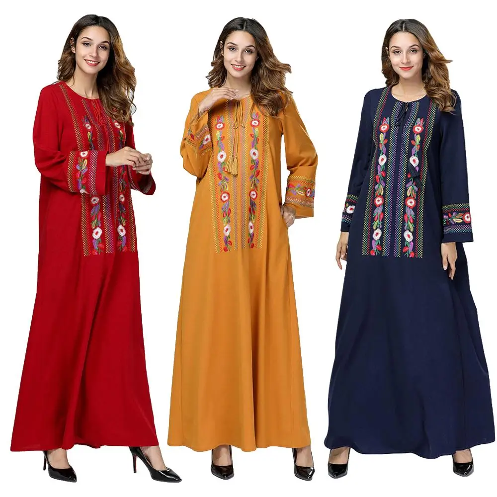 

Ethnic Embroidery Long Dress Elegant Vintage Round Neck Long Sleeve Maxi Dresses Empire Draped Swing Muslim Clothes Ramadan New