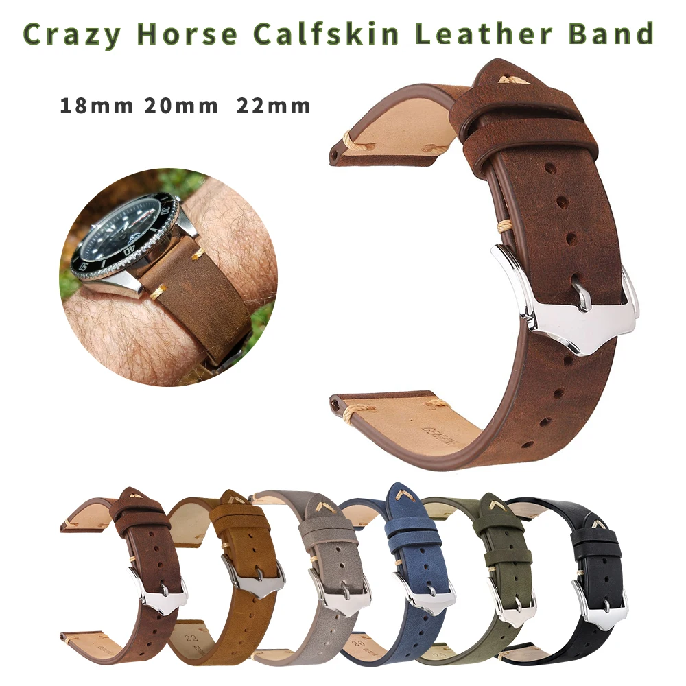 BEAFIRY Genuine Leather Watch Band 18mm 19mm 20mm 22mm Brown Blue Green Grey Black Crazy Horse Calfskin Leather Watch Straps