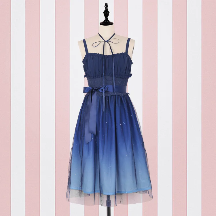 short dress JSK/блестящие звезды; платье в стиле Лолиты; градиентное голубое нарядное платье для девочек; кружевное плиссированное платье с рюшами; комплект с рубашкой - Цвет: short dress