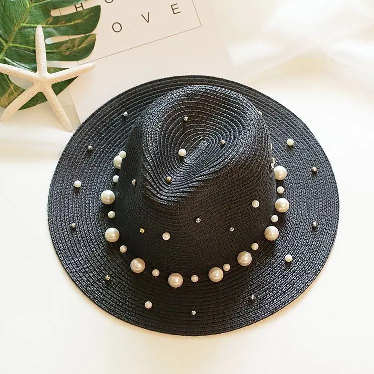 Женская летняя соломенная шляпа с жемчугом элегантная женская уличная бисером и