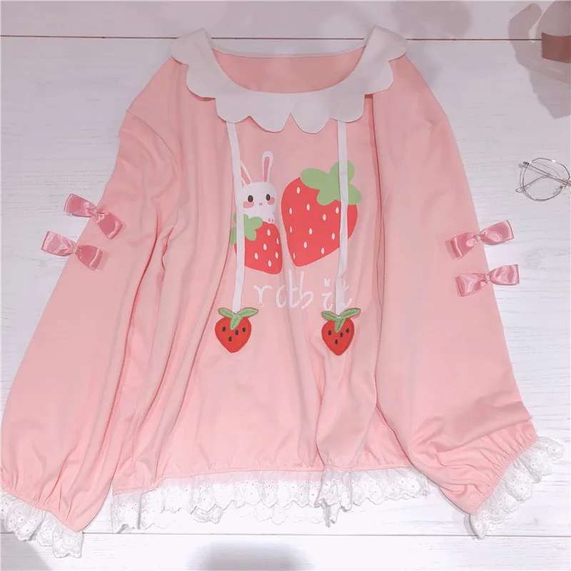Клубничный узор свободные розовые Кофты для Kawaii Девушка с длинным рукавом