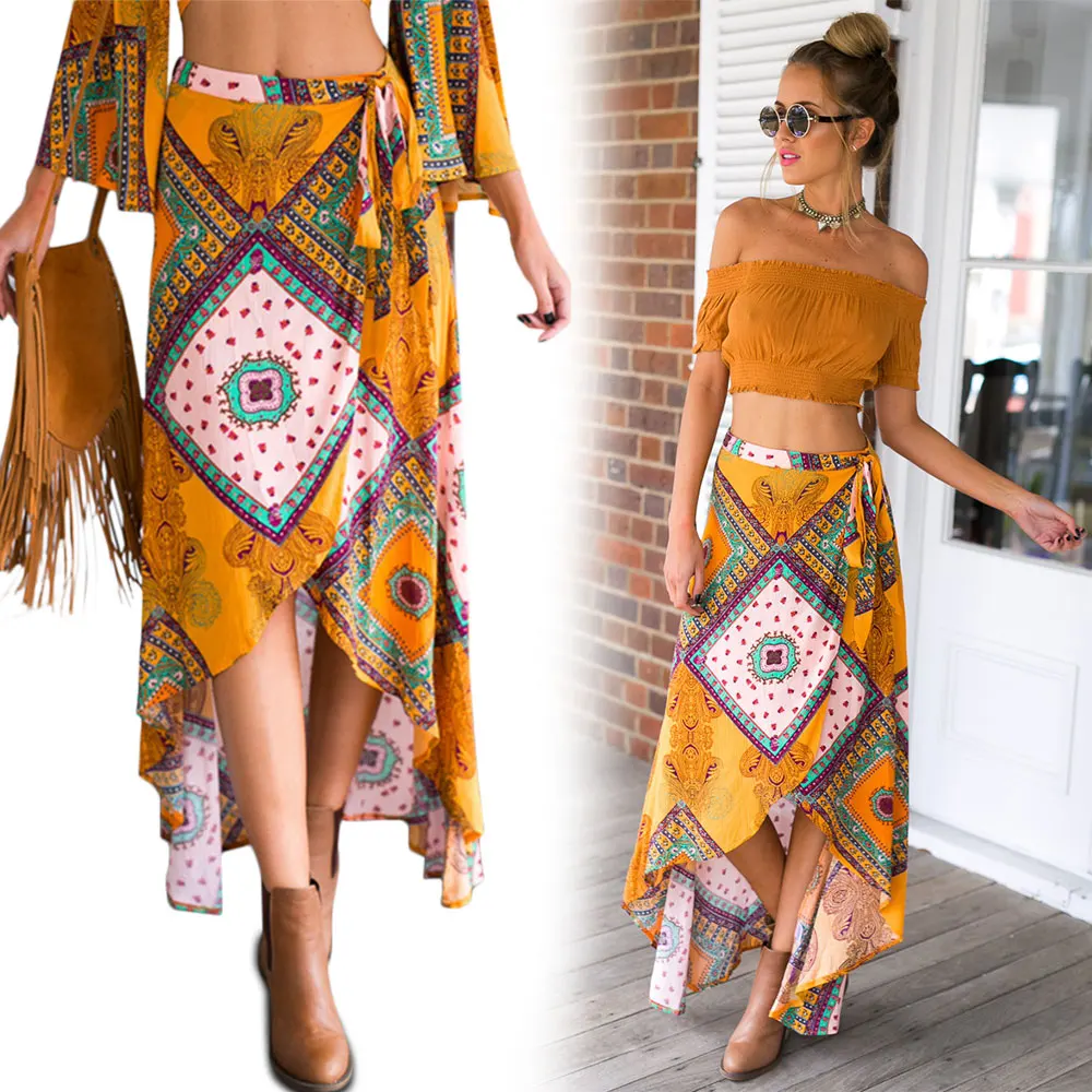 2018 Цыганский Стиль Цветочный принт юбка миди Высокая Талия Повседневное пляжные