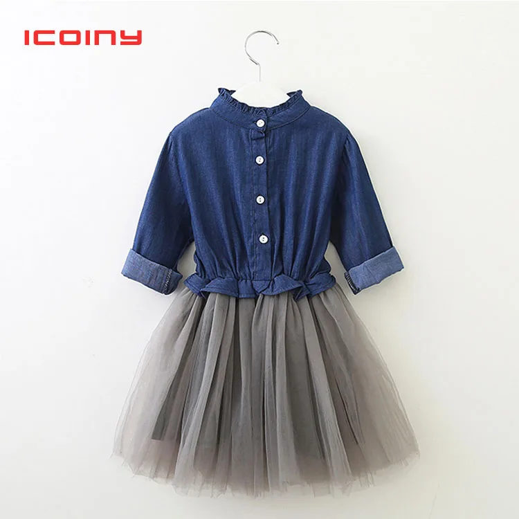 Girls Denim Dress 2019 Spring and Autumn New Long-sleeved Mesh Stitching Female Baby Princess Pettiskirt 2 3 4 5 6 7 | Детская одежда и