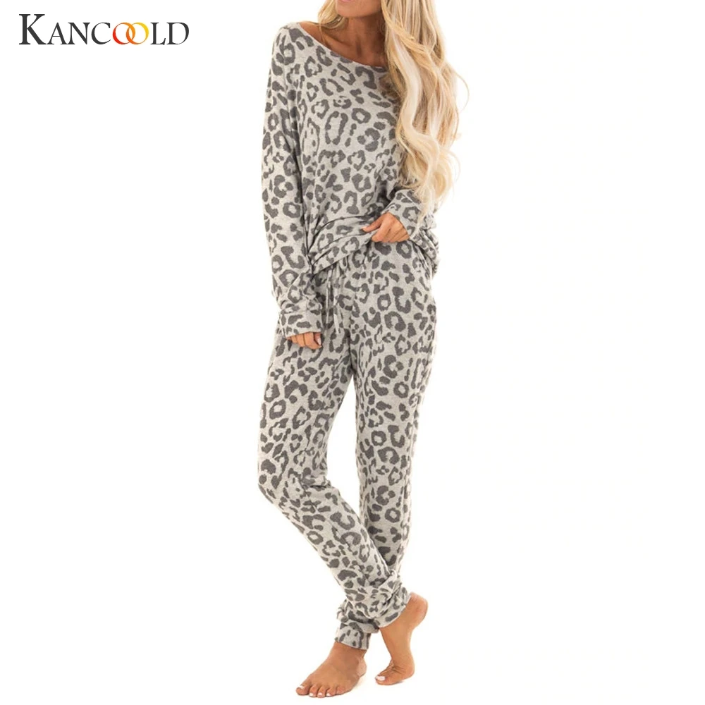 KANCOOLD/женский комплект из 2 предметов, спортивный костюм, штаны с леопардовым принтом, комплекты одежды для отдыха, одежда для отдыха, костюм для отдыха из хлопка, Модный женский комплект 2019FEB5