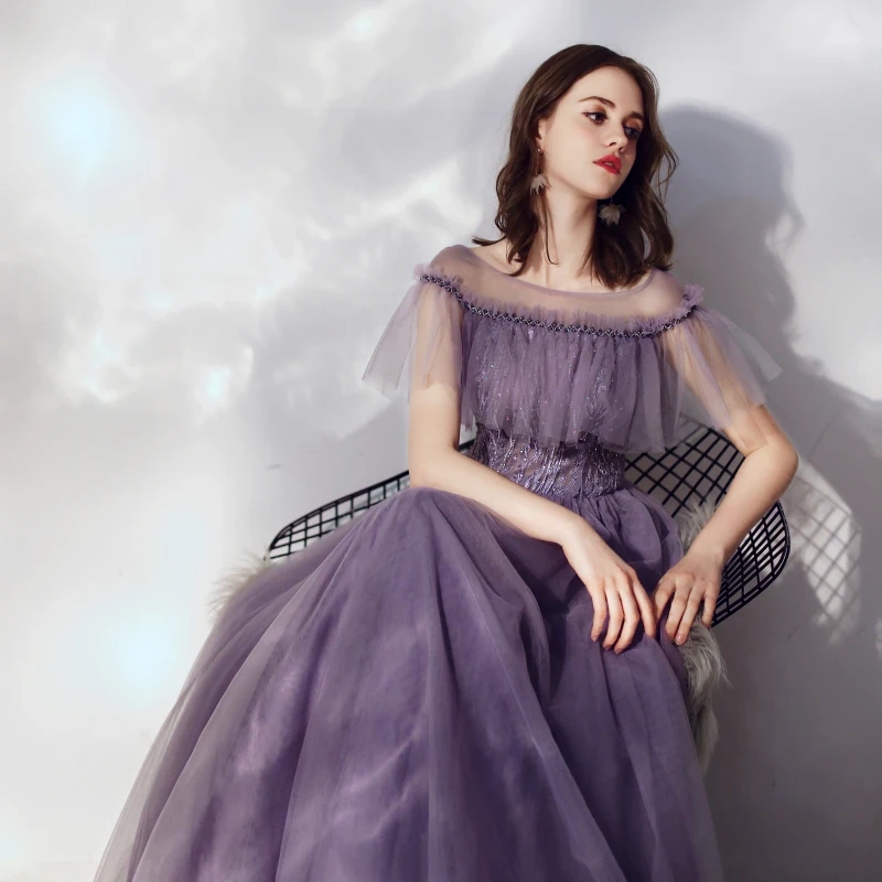 Женское вечернее платье до пола SSYFashion фиолетовое длинное с вырезом лодочкой