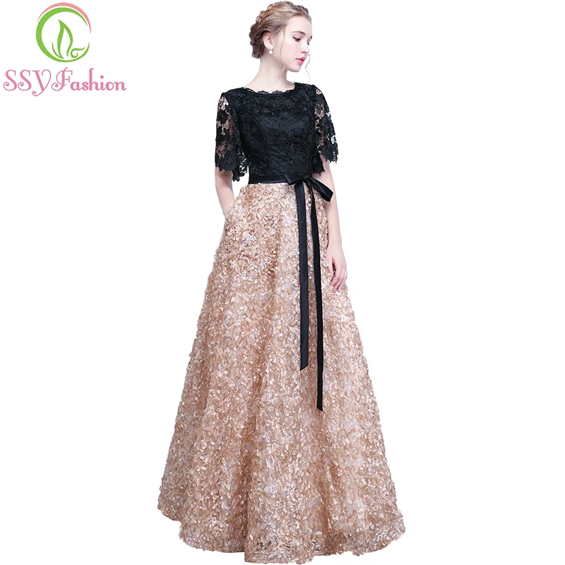 Ssyfashion новое вечернее платье невесты элегантный Банкетный черный с хаки контраст Цвет кружевное платье длиной до пола для выпускного вечера вечерние платья