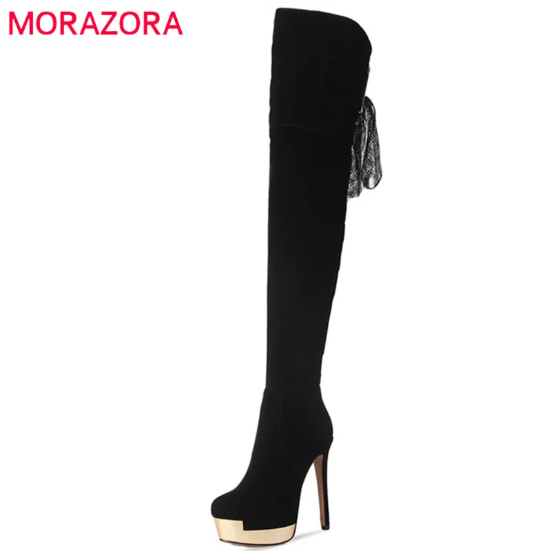 

Женские сапоги выше колена MORAZORA, черные однотонные сапоги из флока на платформе и каблуке, Осень-зима 2019