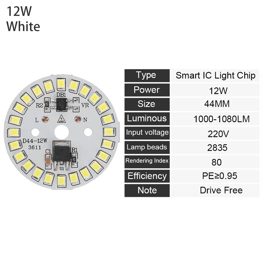 12W Светодиодный светильник SMD 15 Вт, 12 Вт, 9 Вт, 7 Вт, 5 Вт, 3 Вт, светодиодный светильник с чипом ac220в, интеллектуальный IC светодиодный светильник для лампы белого цвета - Испускаемый цвет: 12W