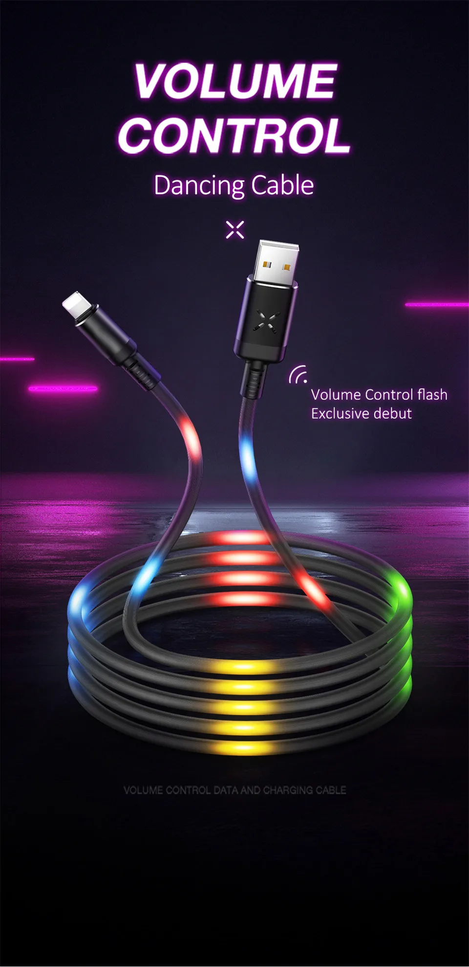 Светодиодный светильник Micro USB кабель, регулятор громкости танцы флэш-кабель для iPhone X светильник ing type-C телефон синхронизация данных 2A кабель для быстрой зарядки