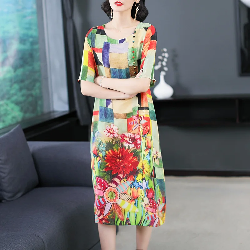 

Silk dress 2019 spring and summer new fashion retro print seven-point sleeve vestidos Dresses high quality party elegant Dresses