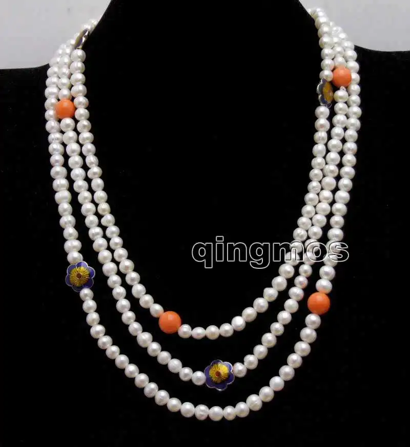 

6-7mm White Round Natural pearl and Blue Cloisonne with 10mm Pink Coral 60'' Necklace-nec6410
