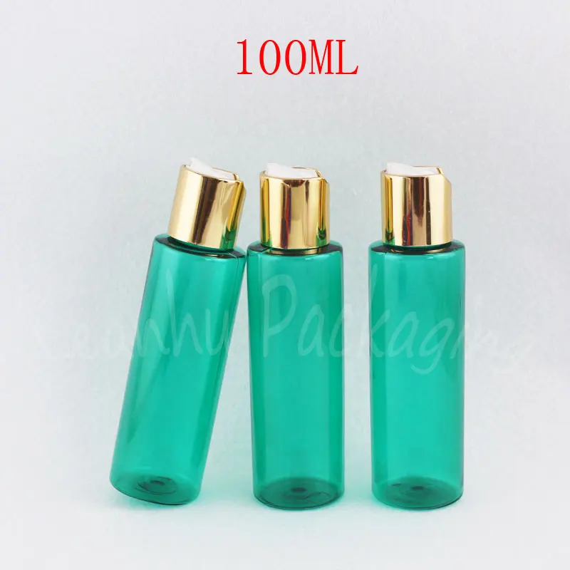 100ML Green Plastic Bottle With Gold Aluminum Disc Top Cap ,100CC Empty Lotion Emulsion Bottles , Cosmetic Packaging Container