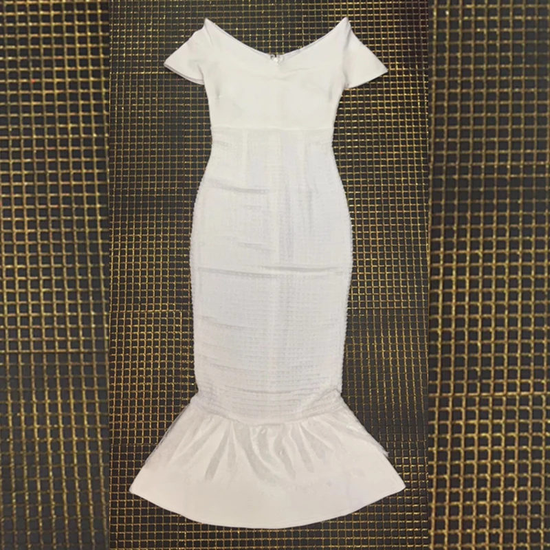 2019 Newest White Short Sleeve Elegant Celebrity Women Bandage Dress Off The Shoulder Solid Mermaid V neck Vestidos Club Festa | Женская