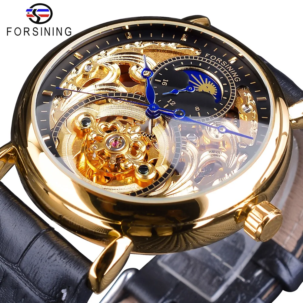 

Forsining 2018 Luxury Skeleton Clock Male Moon Phase Fashion Blue Hands Waterproof Men's Automatic Watches Top Brand Luxury