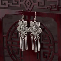tophanqi ethnic indian jewelry fashion long sliver color metal tassel dangle earrings pendientes flower drop earrings for women