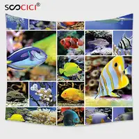 Cutom Tapestry Wall Hanging,Ocean Decor Collage of Underwater Photos with Collection of Tropical Fishes Decorating Art Print