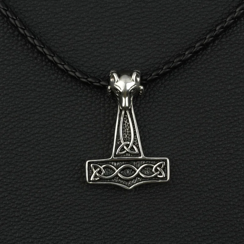 

Thor's Hammer Mjolnir Stainless Steel Pendant Necklace Viking Scandinavian Norse Necklace 19'' Black Braided PU Leather Chain