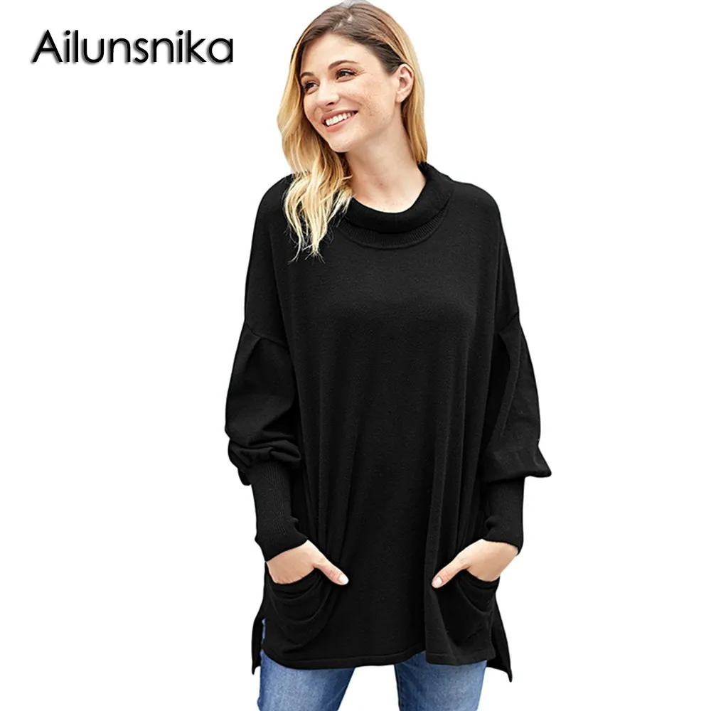 Ailunsnika Women Long Sleeve Loose Pockets Tunic Sweaters Fashion Knitting Solid Simple Autumn Casual Pullover Blouses DL27857 | Женская