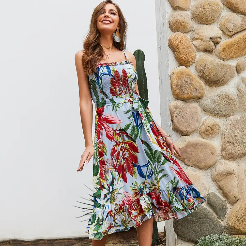 Women Boho dress Floral Sling Ruffled Fashion New Retro Sexy Long elegant Dress hot sale this Summer new arrival | Женская одежда